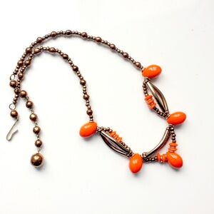 1950s vibrant orange glass necklace beads goldtone metal collier orange